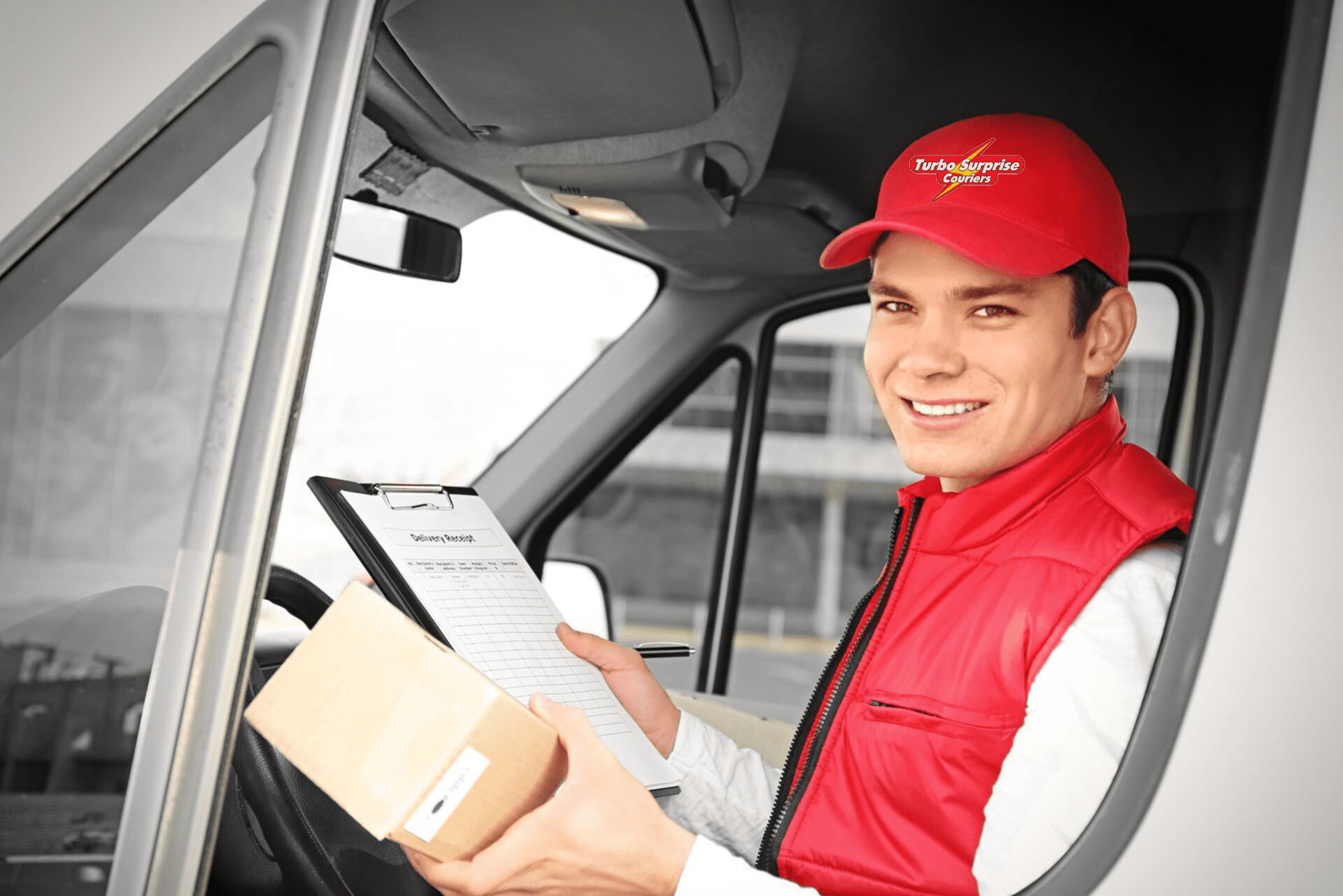 Young male courier with clipboard and parcel in delivery service van